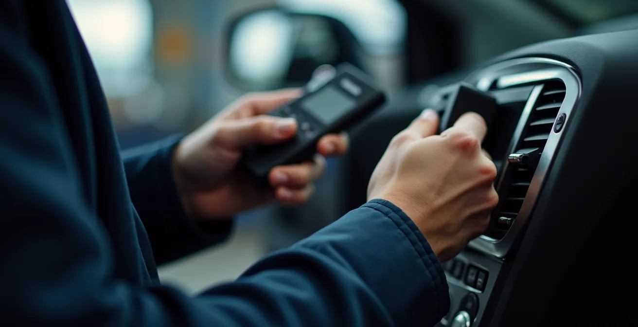 Serrurier automobile professionnel utilisant un outil de diagnostic pour programmer une clé transpondeur