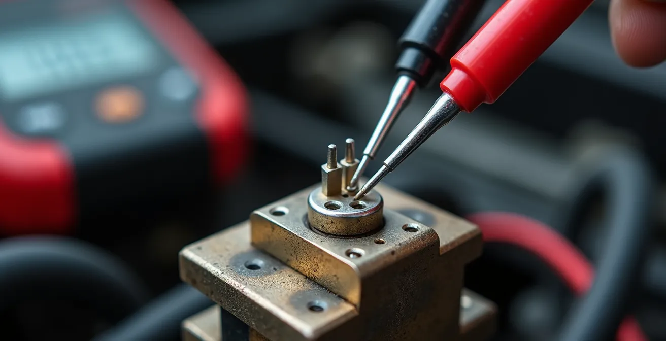 Multimètre professionnel connecté aux bornes d'un contacteur de neiman avec affichage de mesures électriques
