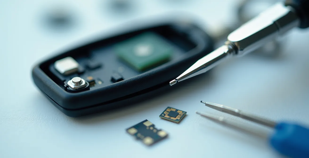 Clé de voiture ouverte montrant le transpondeur électronique et les outils nécessaires à son extraction