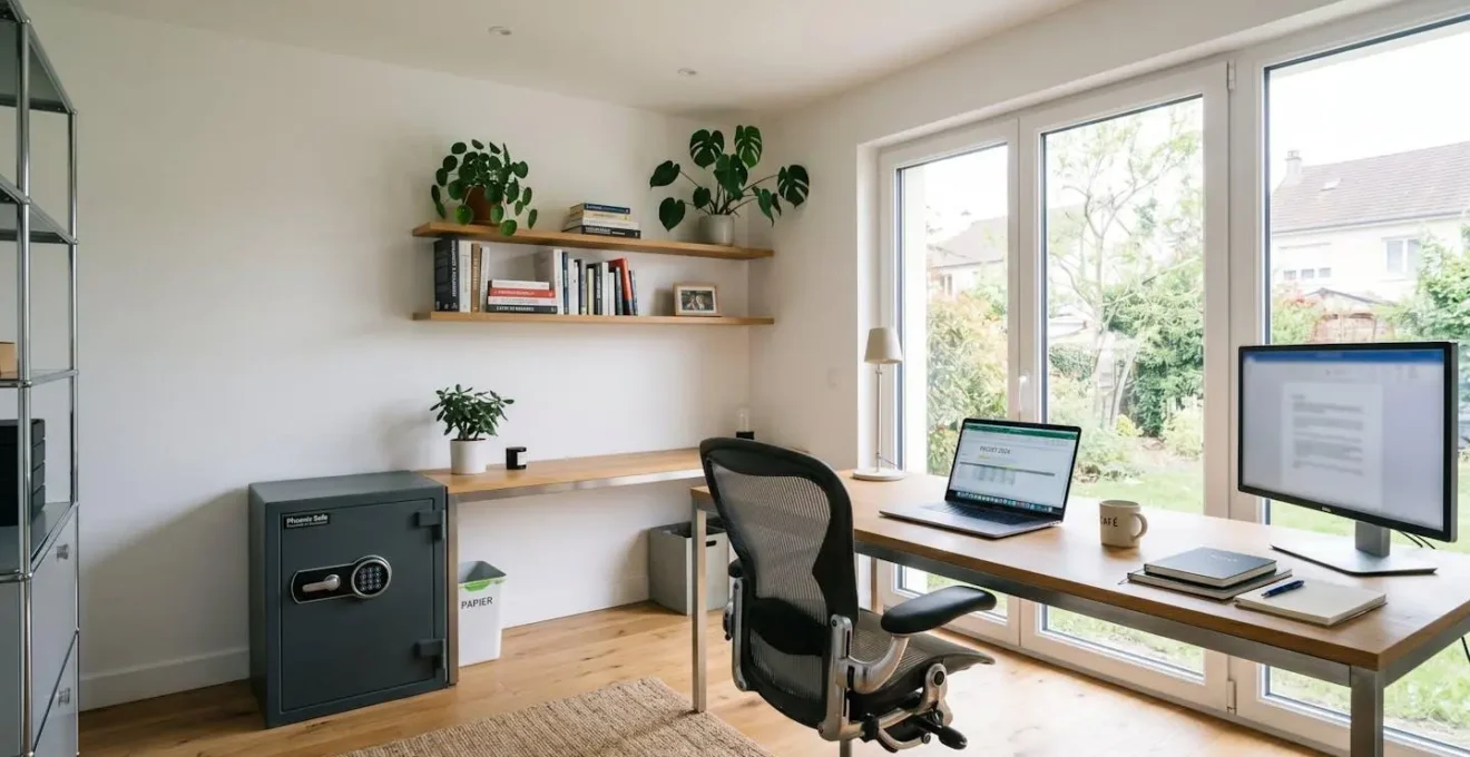 Bureau moderne avec un coffre-fort installé dans l'angle de la pièce, éclairé par la lumière naturelle d'une fenêtre