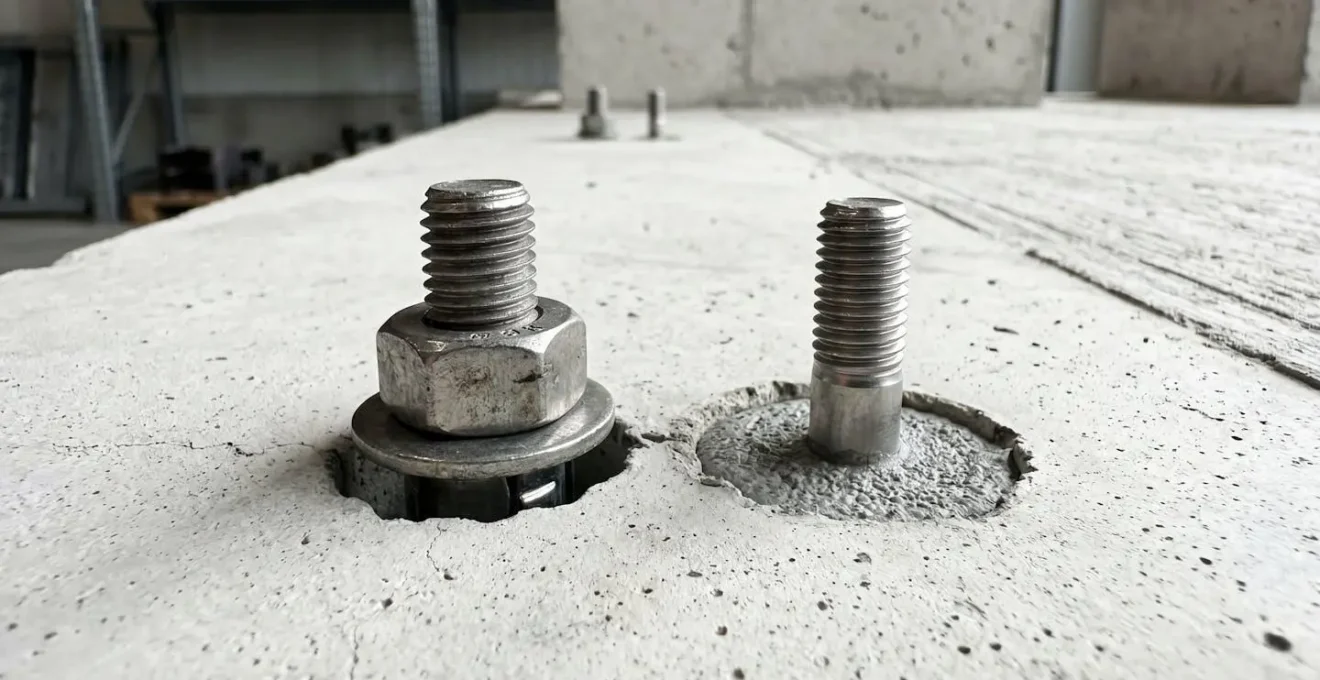 Gros plan sur des chevilles chimiques et mécaniques posées sur une surface en béton propre et moderne